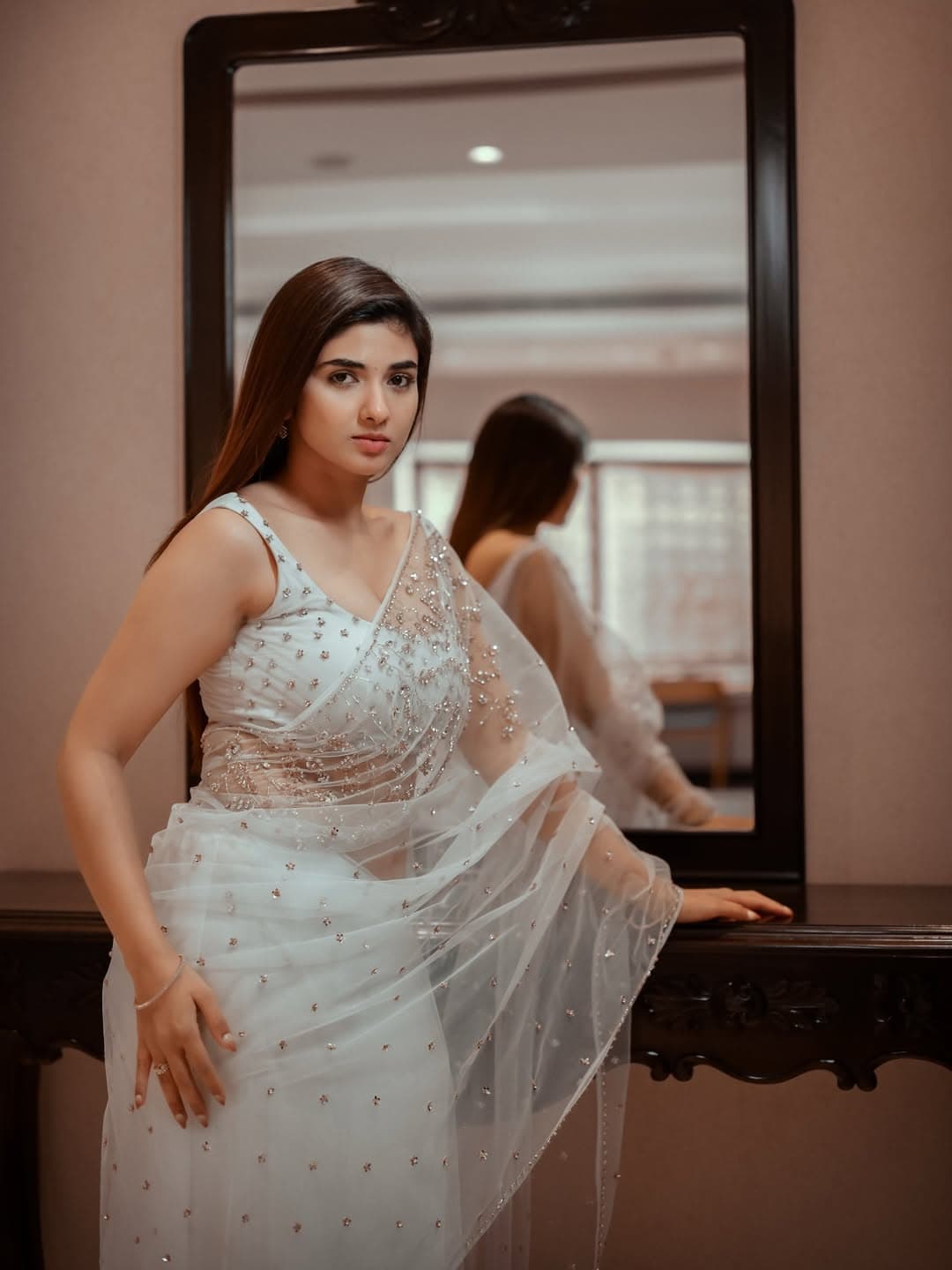 Pragya Nagara Sharead Her New White Color Saree Photos